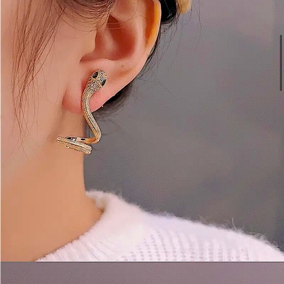 Gold Snake Zircon Earrings Creative Design Trendy Serpent - Picture 2 of 3